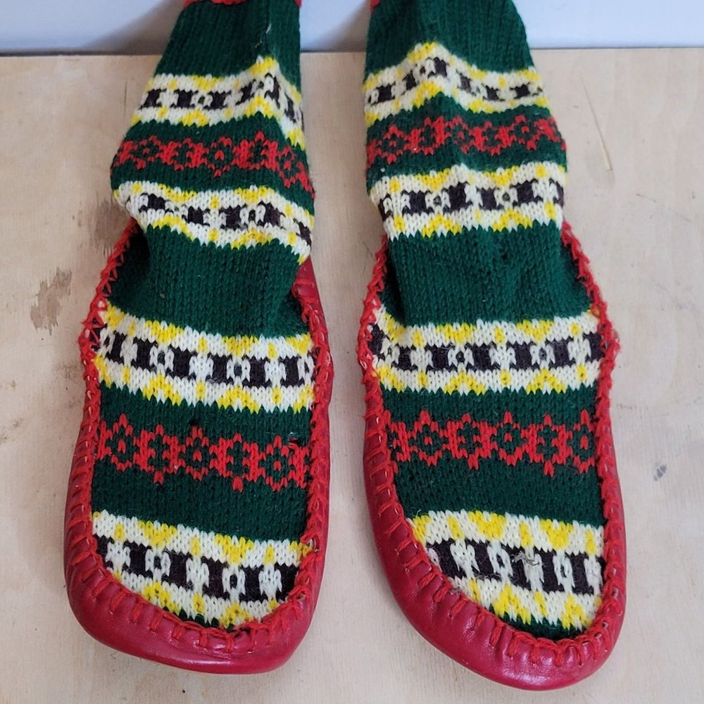 Vintage Muk Luks 1950s 60s Retro Wool Multicolor Leather Bottom Pull On
